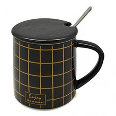 Чашка с крышкой и ложкой Stenson Клетка R88408 400мл в коробке черная