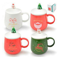 Чашка с крышкой и ложкой Stenson 480мл Mery Christmass R88435 красный в коробке