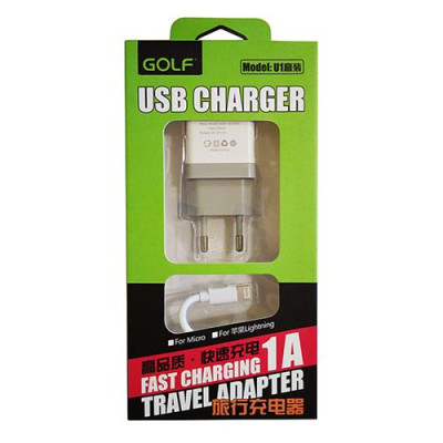 Сетевое зарядное устройство Golf GF-U1i 1A 1USB плюс кабель Lightning USB белое Купить Сетевое зарядное устройство Golf GF-U1i 1A 1USB плюс кабель Lightning USB белое Бытовая техника