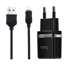Сетевое зарядное устройство Hoco C12 2.4A 2USB плюс кабель Lightning USB черное