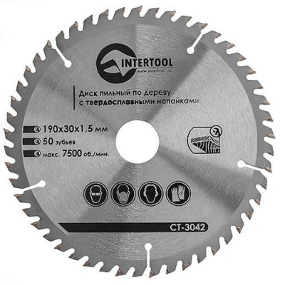 Купить Диск пильный по дереву Intertool CT-3042 с твердосплавными напайками 190х30мм 50 зубьев 7500об/мин Инструмент и оборудование