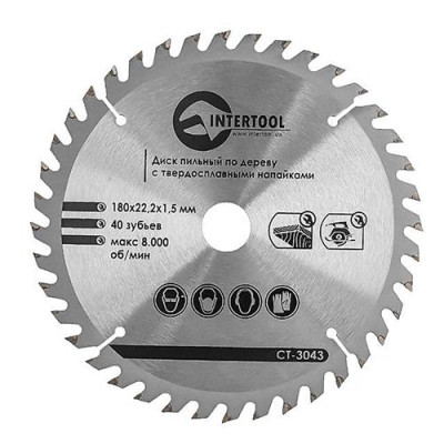 Купить Диск пильный по дереву Intertool CT-3043 с твердосплавными напайками 180х22х1.5мм 40 зубьев Инструмент и оборудование