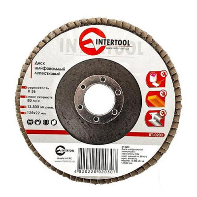 Диск шлифовальный лепестковый Intertool BT-0203 125х22мм зерно K36 Купить Диск шлифовальный лепестковый Intertool BT-0203 125х22мм зерно K36 Инструмент и оборудование
