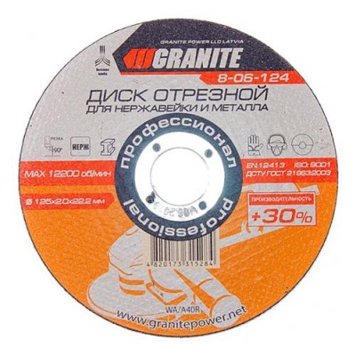 Купить Диск абразивный отрезной Granite 8-06-124 PROFI плюс 30 по металлу и нержавейке 125х2.0х22.2мм Инструмент и оборудование