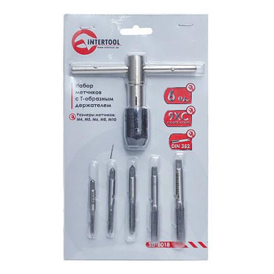 Набор метчиков Intertool SD-8018 с Т-образным держателем M4/М5/M6/M8/M10 6шт Купить Набор метчиков Intertool SD-8018 с Т-образным держателем M4/М5/M6/M8/M10 6шт Инструмент и оборудование