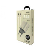 ЗУ сетевое REMAX Traveller RP-U14, 2.4A USB+кабель microUSB, 220V белый